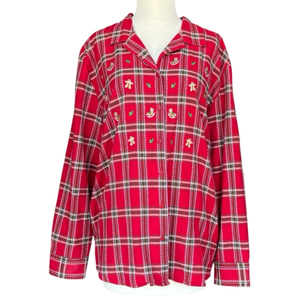 Karen Scott Red Plaid Christmas Embroidered Button Down Long Sleeve Shirt XL